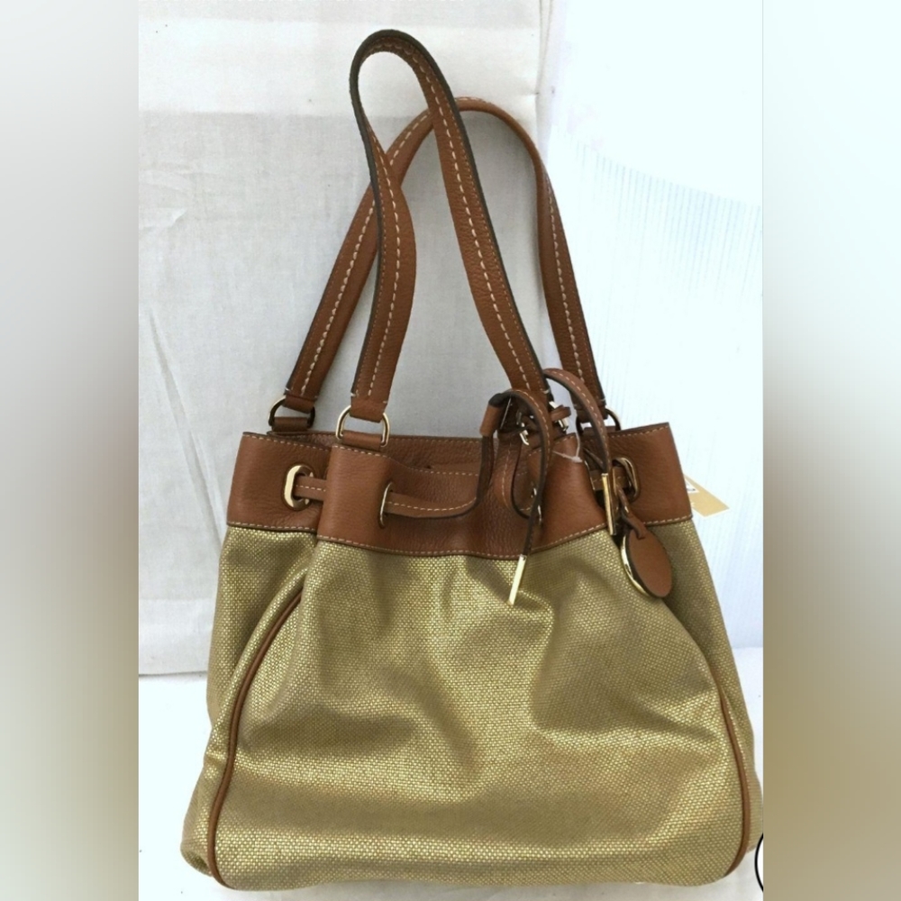 Michael Kors Gold Pebbled Leather Hobo Shoulder Bag – Brown Trim MK Purse